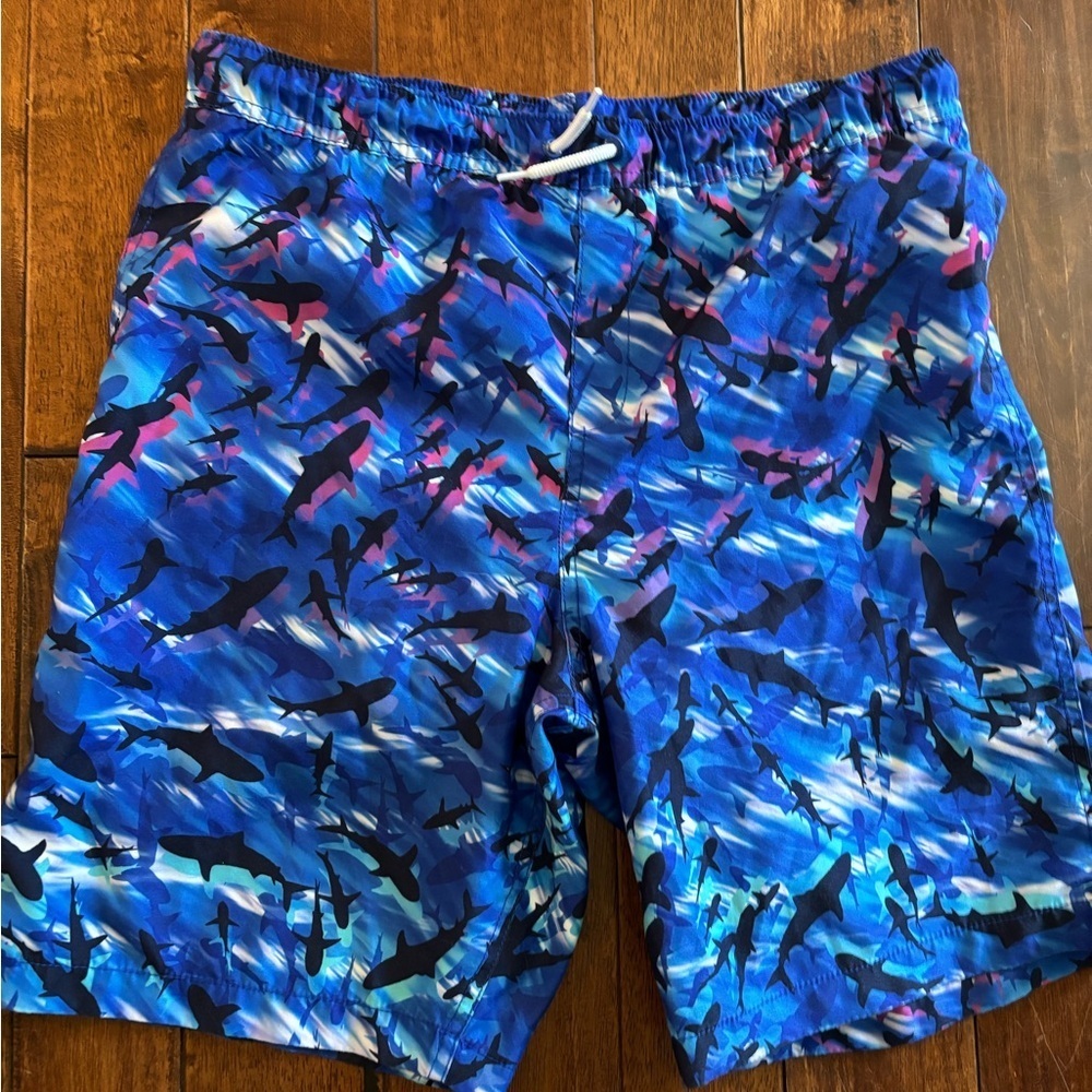 Lands' End Blue Shark-Print Swim Board Shorts